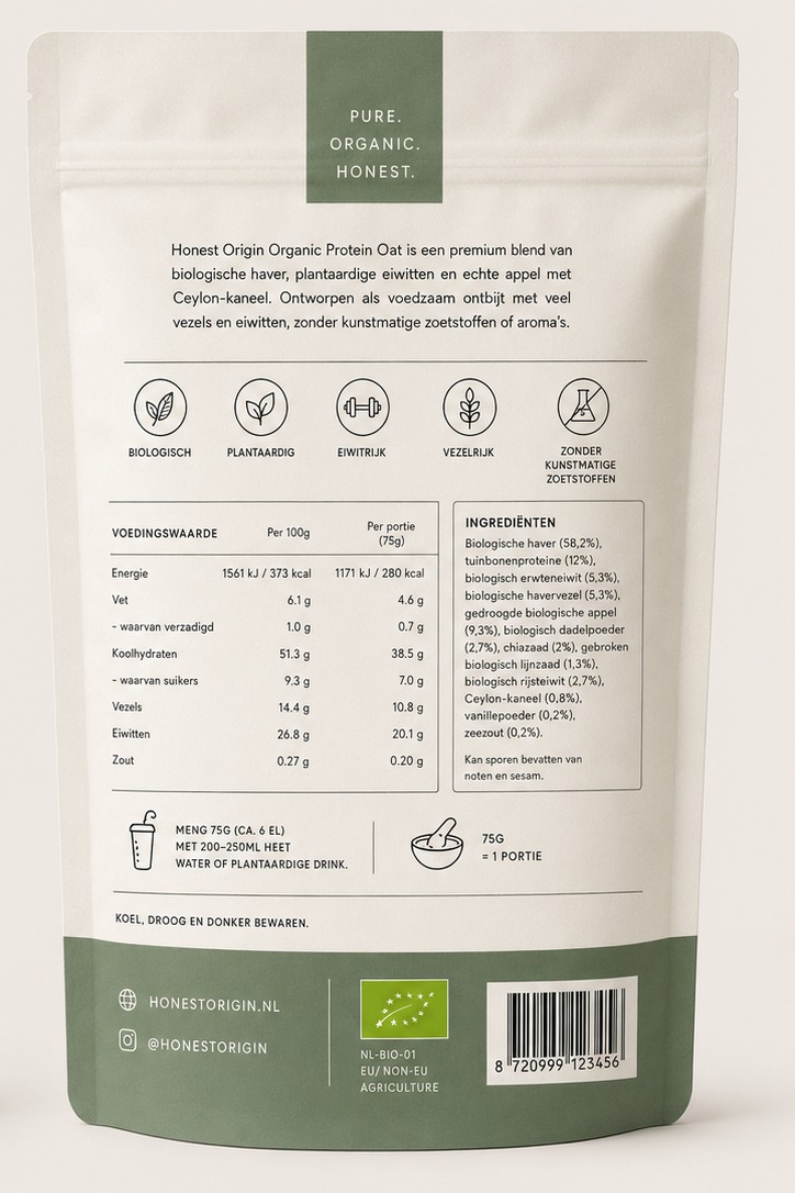 Achterkant van de 1 kg verpakking Honest Origin met ingrediënten en voedingswaarden