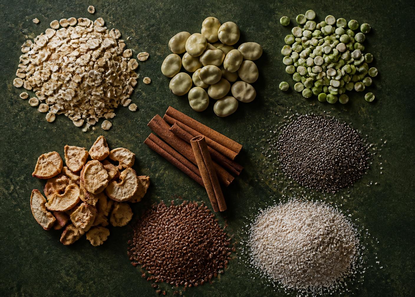 Biologische haver, fava bonen, erwten, gedroogde appel, Ceylon-kaneel, chia, lijnzaad en havervezel
